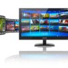 Media telecommunications and streaming video concept: widescreen TV display with streaming video gallery and filmstrip with color pictures isolated on white reflective background